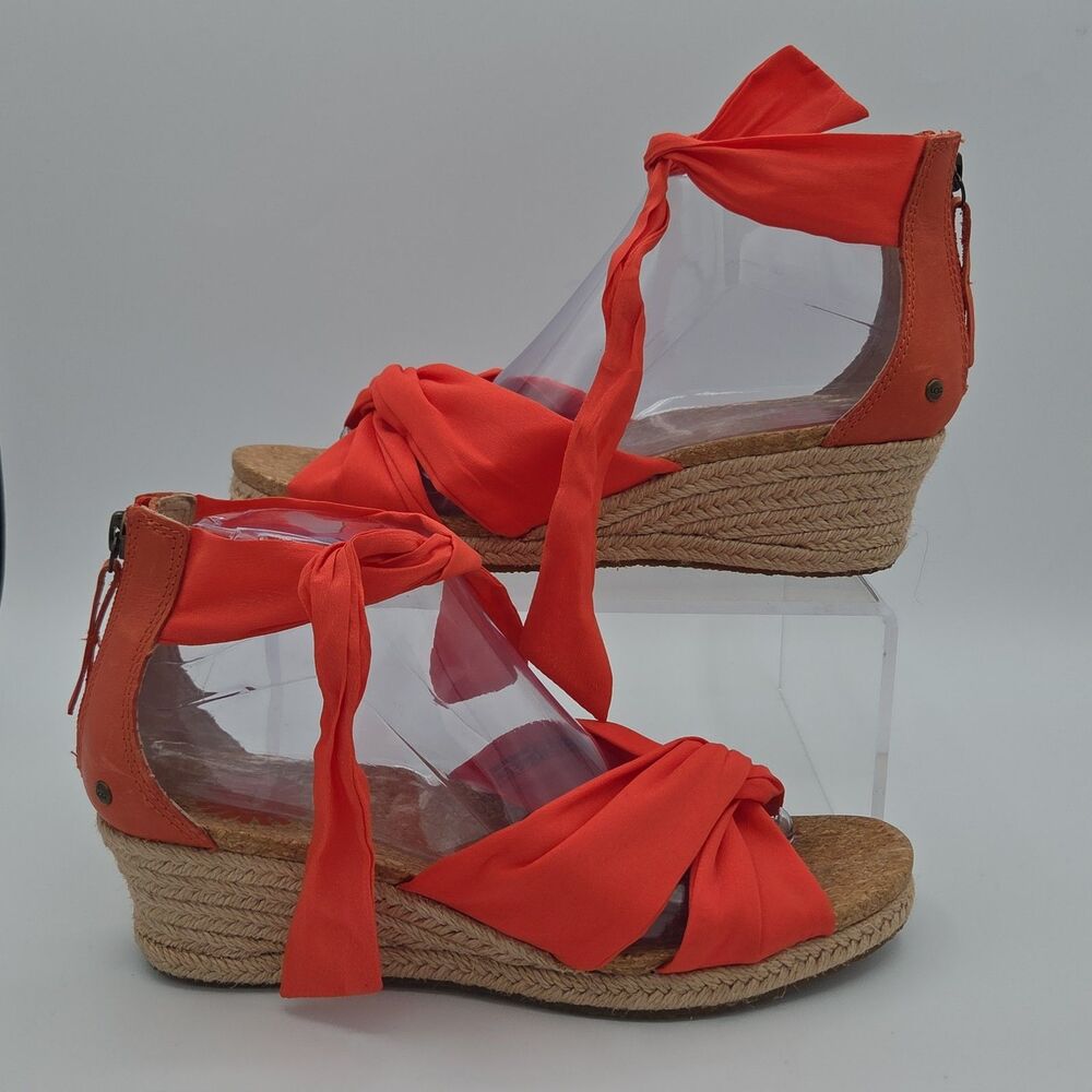 UGG Yarrow Wedge Espadrille Sandals Womens Size 9 Coral Red Ankle Tie Bow Zip
